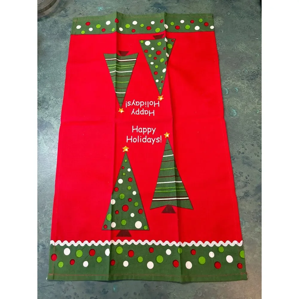Christmas kitchen tea towels matching pair (2) festive red green holiday cotton